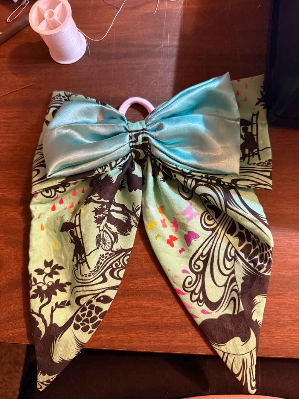 Mint Green Patterned Bow Hair Tie with Aqua Satin Accent